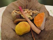 焼物  朴葉包み  かます化粧焼き  海老芋雲丹焼  栗塩焼　はじかみ