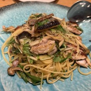 本日のパスタ（サンマ、キノコ）