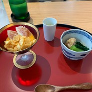 いちじく、豆乳かぼちゃ風味ムース、にんにくチップ，青菜煮付け