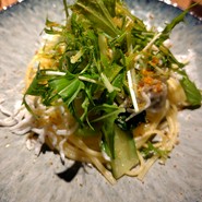 釜揚げしらすと水菜、カラスミのペペロンチーノ