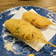 海老と大葉のカダイフ巻き揚げ、雲仙ハムの串カツ