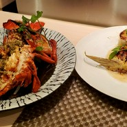 カンパチカマのソテーと活きオマール海老