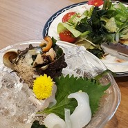 本日の刺し身盛り合わせとピリ辛サラダ