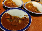 見た目では同じに見えるけど、ビーフとポークとチキンのカレー三兄弟です。アキバのカレーライス