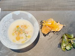 冬瓜のヴィシソワーズ  、サーモンの甘酢マリネ、万願寺とうがらし